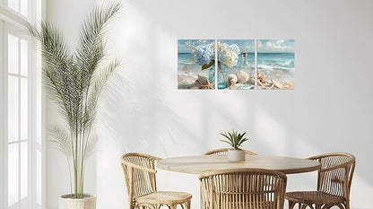 TutuBeer 3 Pcs Blue Ocean Beach Bathroom Canvas Wall Art Seaside Seashell Painting Print Artwork Starfish with White Flower Coastal Bathroom Canvas Wall Art for Living Room Bedroom Bathroom 16"x24"