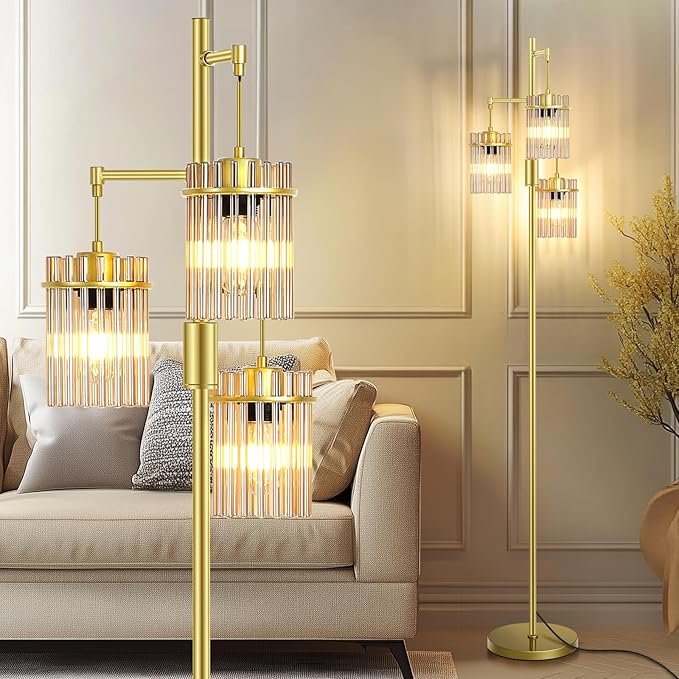 Farmhouse Glod Modern Floor Lamps for Living Room, Dimmable Glass Tree Standing Tall Lamps with 3 Elegant Teardrop Cage Head & 800 Lumens LED Bulbs for Bedroom Office (65inch Tall)