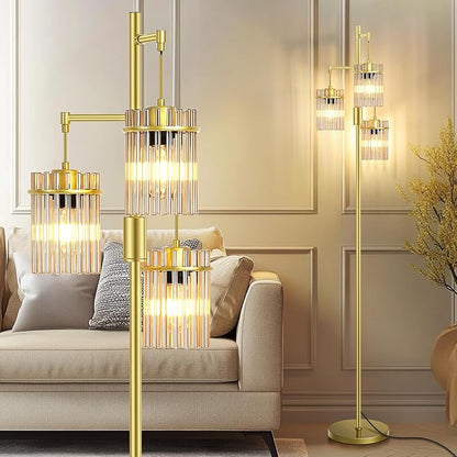 Farmhouse Glod Modern Floor Lamps for Living Room, Dimmable Glass Tree Standing Tall Lamps with 3 Elegant Teardrop Cage Head & 800 Lumens LED Bulbs for Bedroom Office (65inch Tall)