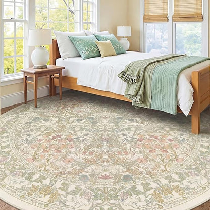 Lunasun Sage Green 6ft Round Rug for Living Room - Floral Circle Rug for Bedroom, Kids Room, Home Office, Washable Low Pile Non Slip, Pastel Green and Pink French Country Style Indoor Aesthetic Décor