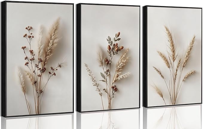 3Pcs Beige Neutral Floral Botanical Canvas Wall Art Modern Minimalist Beige Flower Plant Painting Wall Decor Poster Print Artwork for Living Room Bedroom Bathroom Home Decortion Unframed