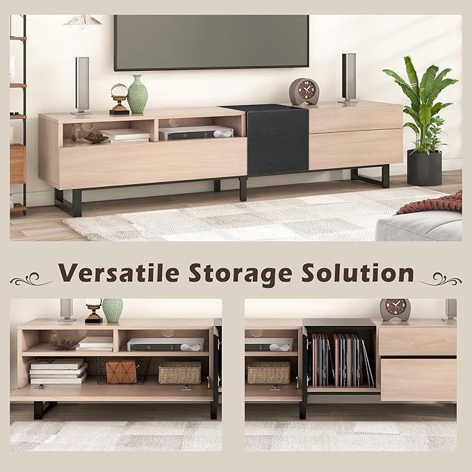 Merax Modern TV Entertainment Center with Cabinets, Drawers & Open Shelves, Wood TV Stand for TVs Up to 80” for Living Room Bedroom (Natural & Black)