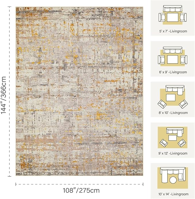 9x12 Area Rug for Living Room, Extra Large Washable Rug, Soft Neutral Abstract Rug for Bedroom, Office, Farmhouse, Low Pile Imitation Wool Non Slip Carpet Ideal for High-Traffic Areas, Beige Gold