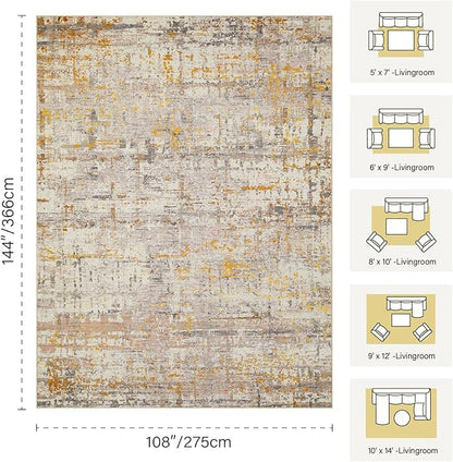 9x12 Area Rug for Living Room, Extra Large Washable Rug, Soft Neutral Abstract Rug for Bedroom, Office, Farmhouse, Low Pile Imitation Wool Non Slip Carpet Ideal for High-Traffic Areas, Beige Gold