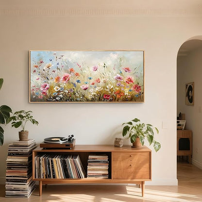 crmotu Floral Wall Art, Extra Large Wall Art, Flower Wall Decor, Oversized Framed Artwork for Walls, Colorful Wildflower Art Prints, Botanical Painting for Living Room Office Dining Room Hotel 32"x71"