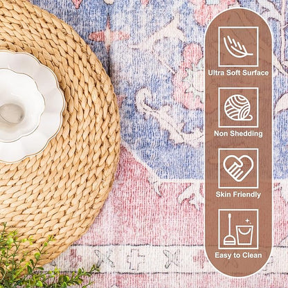 Sofrug Area Rug 5x7 - Vintage Honeycomb Non Slip Backing Carpet - Ocean Pink Mixed Softer Thicker Faux Wool Rug - Foldable & Machine Washable Rugs for Living Room Bedroom Dining Room Home Office
