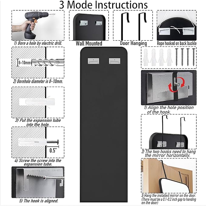 SCWF-GZ 47x14 Mirror Full Length Door Hanging Wall Mounted Aluminum Alloy Metal Frame Dressing Make-up Save Space Half Body Mirrors for Entryway Bedroom Bathroom Living Room 47 inch Black