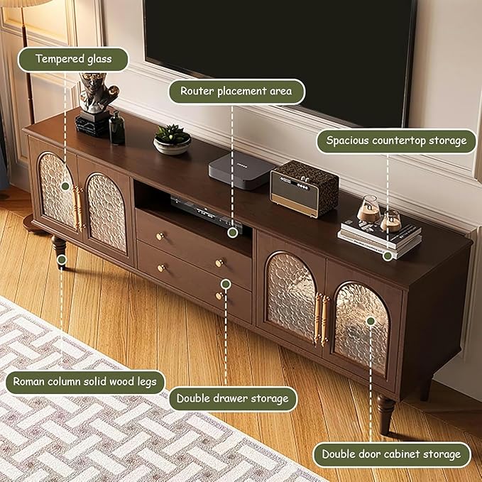 TV Stand TV-Console Table, Solid Wood TV Stands, 59×15.7×22.8in, Tempered Glass Door, Modern Entertainment Center, Tv Cabinet with Drawers, TV Table, for Living Room, Bedroom(Black B)