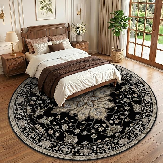 RELEANY Area Rugs Round 10ft Washable Non-Slip, Floral Vintage Distress Print Pattern Medallion Carpet for Living Room Bedroom Dining Room, Black Brown Neutral Dark Tan