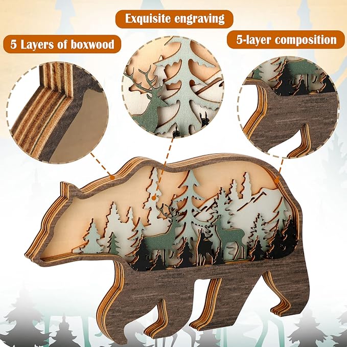 Honoson Forest Animal Rustic Wall Art Decor Wooden Farmhouse Wall Decoration Wooden Animal Decor Wood Forest and Mountain Ornaments for Cabin Bedroom Living Room Decor(Colorful,Bear Style)