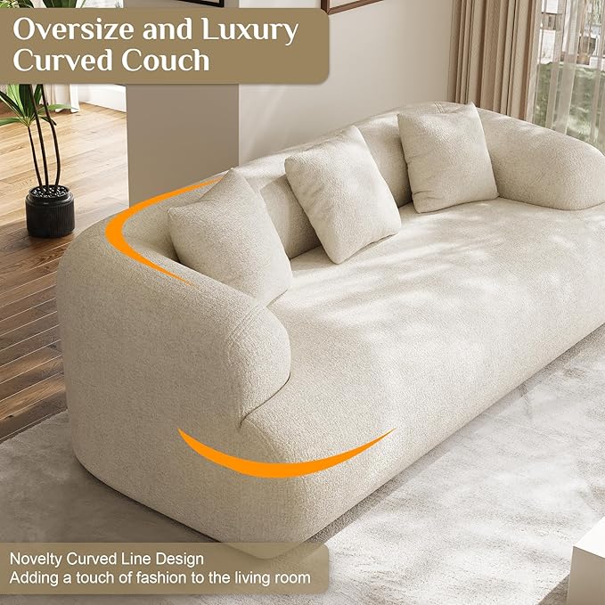 91" Boneless Couch,Cloud Couch,Chenille Curved Sofa with 3 Seater and 3 Pillows, Modern Compression Sofa for Living Room, Bedroom and Apartment, No Assembly Required, Beige White