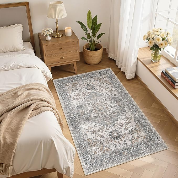 3x5 Washable Area Rugs for Living Room: Non Slip Vintage Gray Brown Rug, Large Soft Stain Resistant Indoor Floor Carpets for Bedroom Dining Room Nursery Home Office Kid & Pet Friendly