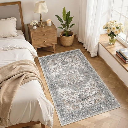 3x5 Washable Area Rugs for Living Room: Non Slip Vintage Gray Brown Rug, Large Soft Stain Resistant Indoor Floor Carpets for Bedroom Dining Room Nursery Home Office Kid & Pet Friendly