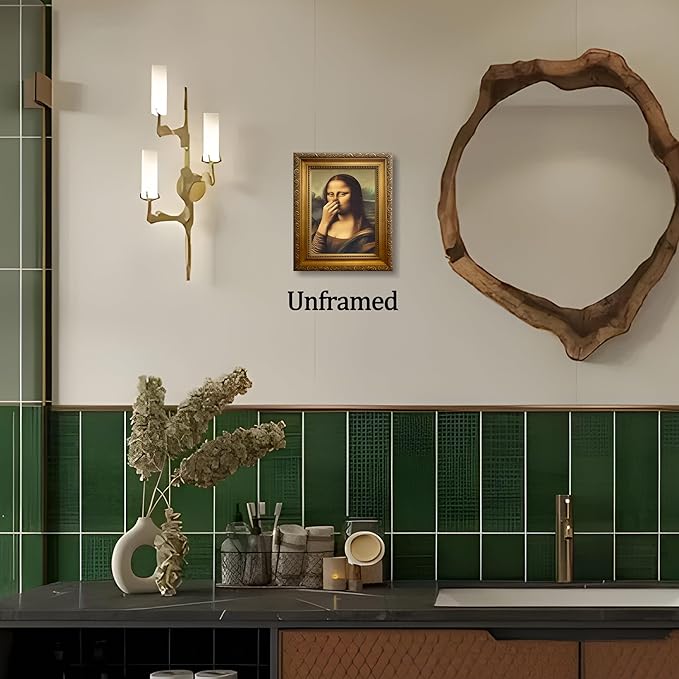 XYHYRA Vintage Mona Lisa Bathroom Wall Art, Funny Mona Lisa Pinching Nose Wall Decor, Humor Amusing restroom Canvas Print Painting for Toilet Bathroom Home Decor 8x10 Inch Unframed