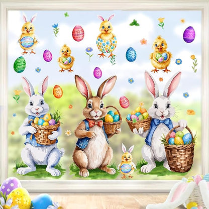 Easter Window Decoration Clings Bunny Decals for Glass Window Double-Side Vintage Bunny Decal Removable Easter Eggs Chick Rabbit Stickers for Living Room Kids Bedroom Nursery Spring Holiday Supplies