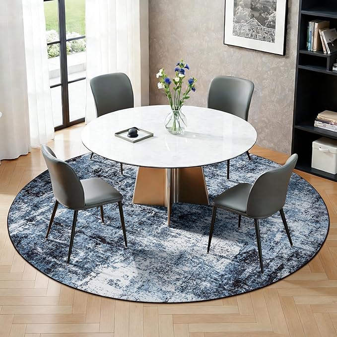 Rugflix Round Area Rugs 6Ft for Living Room, Washable Circle Rug Stain-Resistant Low Pile, Modern Dark Carpet for Bedroom Dining Room Home Office Kid Nursery Room, Navy Blue/Black