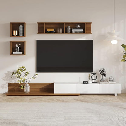 homary Wood Extendable TV Stand Rectangle Entertainment Center with Shelves & Drawers White & Walnut Media Console for Living Room Bedroom