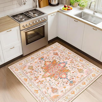 RELEANY Area Rugs Square 4ft Washable Non-Slip, Floral Vintage Distress Print Pattern Medallion Carpet for Living Room Bedroom Dining Room, Light Pink Colorful