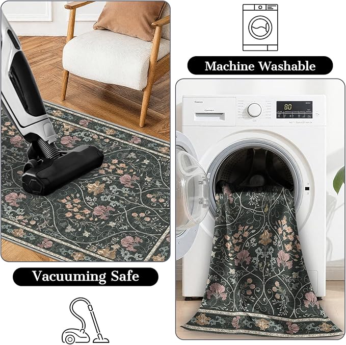 Entryway Rug 2x3 Washable Vintage Floral Rug Non Slip Low Pile Small Rugs, Floral Front Door Rugs for Entrance Kitchen Bedroom Laundry Bathroom Dark Grey