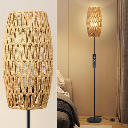 Ruiever Floor Lamp for Living Room,Farmhouse Floor lamp,Modern Standing lamp with Hand-Worked Rattan Shade (Drum Shade-with Remote)