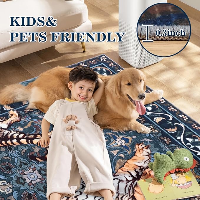 Tiger Washable Area Rugs 5x7Ft, Boho Jungle Living Room Rugs, Soft Botanical Animal Print Bedroom Nursery Area Floor Carpets for Dining Room Dorm Study Kids Playroom Farmhouse Office, Blue