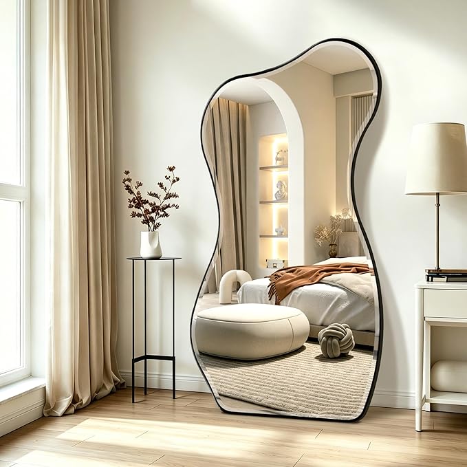 POZINO Large Irregular Beveled Mirror, 66.8"x33.5" Asymmetrical Full Length Mirror with Metal Frame, Premium Organic Aesthetic Floor Mirrors for Living Room Entryway Cloakroom, Leaning/Wall-Mount