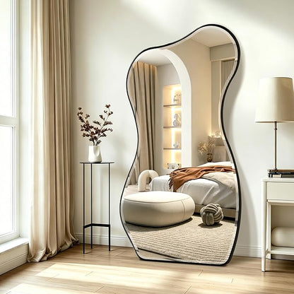 POZINO Large Irregular Beveled Mirror, 66.8"x33.5" Asymmetrical Full Length Mirror with Metal Frame, Premium Organic Aesthetic Floor Mirrors for Living Room Entryway Cloakroom, Leaning/Wall-Mount