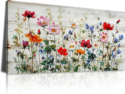 BQVCT Rustic Wildflower Canvas Wall Art 20x40 Inch on Distressed Wood Colorful Floral Print Red Pink Blue Orange Flowers Painting Farmhouse Home Decor for Living Room Bedroom