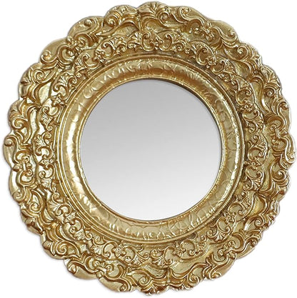 Golden Mini Vintage Mirror with Exquisite Relief Elegant Wall Decor for Bedroom Dresser Table Compact Resin Retro Design (Gold Round, 5X5)