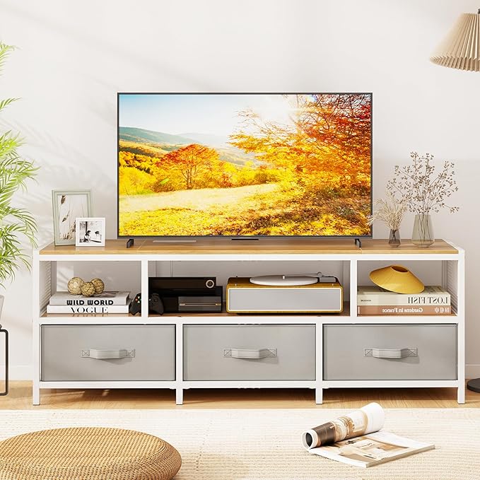 Giantex Dresser TV Stand for 65 Inch TV, Modern Entertainment Center w/Power Outlets, Open Shelf & Fabric Drawers, Television Stands, TV Console Table for Living Room Bedroom (Natural+White)