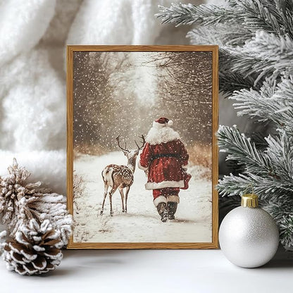 Framed Vintage Christmas Canvas Wall Art, Santa Claus Reindeer Snowy Forest Wall Decor Paintings, Rustic Winter Holiday Aesthetic Pictures Prints Xmas Home Decor for Living Room Bedroom 12×16 inch