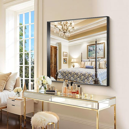 CIRCUMI Black Bathroom Mirror, 36"x36" Rectangular Mirror with Deep Metal Frame, Brushed Finish, Tempered Glass, Mirror for Wall, Oversink, Bedroom, Installed Vertically/Horizontally, Crystal-Clear