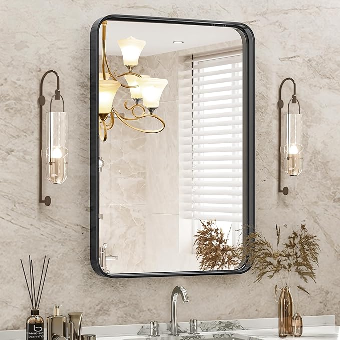 Sweetcrispy 22x30 Inch Black Bathroom Mirrors for Wall, Bathroom Mirrors for Over Sink, Rectangle Wall Decor for Entryway, Bedroom, Vanity,Anti-Rust, Horizontal or Vertical Hanging, Black