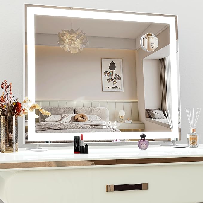 ANYHI Vanity Mirror with Lights, 23.6''x20'' Lighted Vanity Mirror with 10X Magnification, 3 Color Modes, Smart Touch Control, Aluminum Frame, Desktop or Wall Mounted Mirror for Bedroom, White