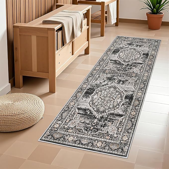 Washable Hallway Runner Rugs 2x6: Soft Ultra Thin Low Pile Carpet Machine Washable Indoor Lightweight Rug Runner Anti Slip Backing Rugs for Living Room Bedroom Kitchen 2'x6' Black