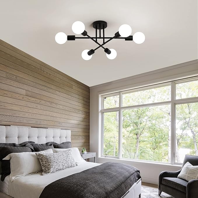 MEIXISUE Black Modern Sputnik Chandelier Ceiling Light Fixtures,6-Lights Industrial Metal Semi Flush Mount Ceiling Light for Bedroom Dining Room Living Room Kitchen Hallway UL Listed