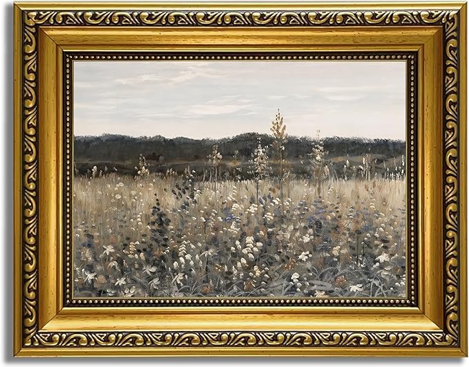 YD&YZY Gold Framed Vintage Wall Art Canvas Landscape Meadow with Flowers Farmhouse Wall Decor Rustic Cottagecore Nature Painting Picture Print for Bedroom Home Decor 8x10 inch Small Framed