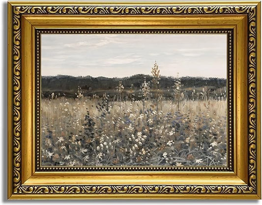 YD&YZY Gold Framed Vintage Wall Art Canvas Landscape Meadow with Flowers Farmhouse Wall Decor Rustic Cottagecore Nature Painting Picture Print for Bedroom Home Decor 8x10 inch Small Framed