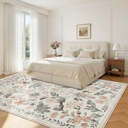 6x9 Area Rugs Washable Rug: Lagre Boho Living Room Rug Soft Non-Slip Thin Carpet Indoor Floor Non-Shedding Neutral Floral Carpets for Bedroom Dining Room Farmhouse Nursery Pink