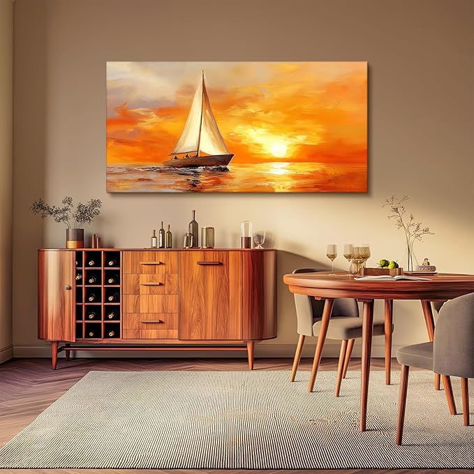SERIMINO Ocean Sunset Wall Art, Sailboat on Sea Extra Large Artwork, Nautical Landscape Canvas Art Prints, Still Life Aesthetic Paintings Wall Decor Living Room Bedroom Home Office Hotel 29"X57"