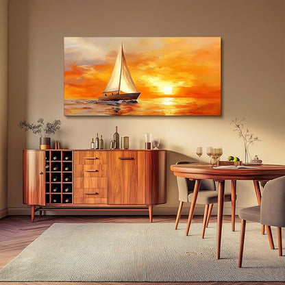 SERIMINO Ocean Sunset Wall Art, Sailboat on Sea Extra Large Artwork, Nautical Landscape Canvas Art Prints, Still Life Aesthetic Paintings Wall Decor Living Room Bedroom Home Office Hotel 29"X57"