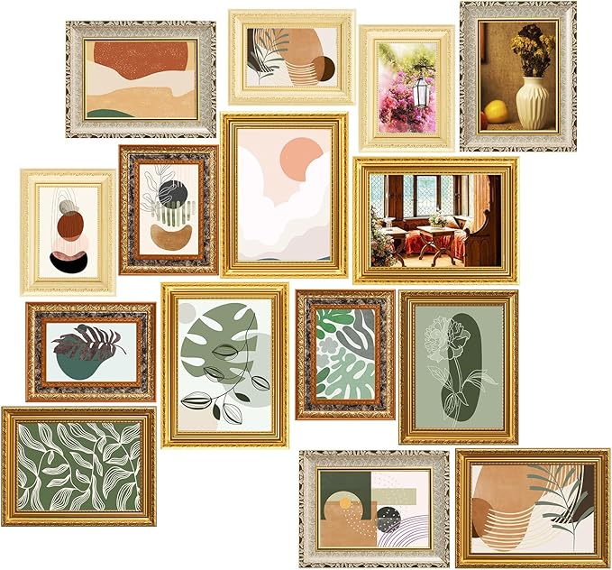 15 Pcs Gold Vintage Picture Frames for Wall or Tabletop Display Ornate French Country Frame Collage with 8x10 5x7 4x6 Frames Set for Gallery Bedroom Living Room