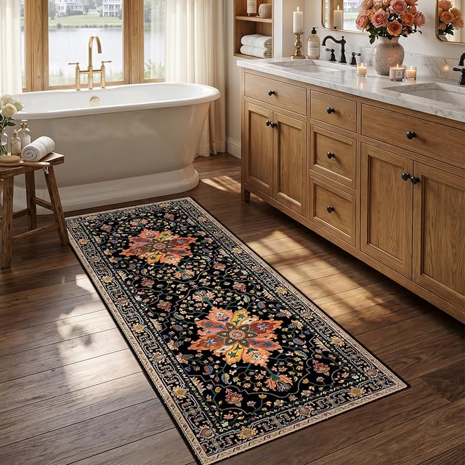 RELEANY Area Rugs 2'6"x5' Runner Rug Non Slip Washable for Kitchen Hallway Bedroom Beside Laundry Room Bathroom Rug, Floor Carpet, Black Colorful Floral Dark Tan