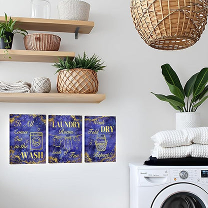 sechars Laundry Room Wall Art Wash Dry Fold Laundry Sign Painting Canvas Prints Purple and Gold Bathroom Laundry Decor (Purple)