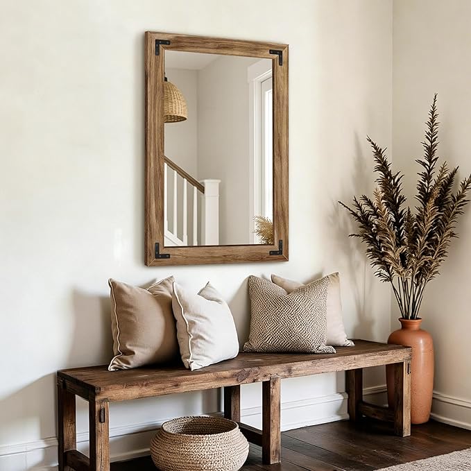 AMOISE Farmhouse Bathroom Vanity Mirror, 38" x 26" Wood Frame Wall Mirror, Vintage Rustic Decor for Entryway, Bedroom, Living Room, Vertical or Horizontal Hanging