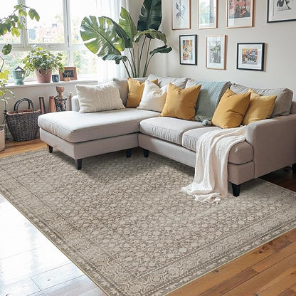 Rugxara Washable Area Rug for Living Room, Vintage Boho Rugs for Office, Dining Room, Kids Room, Farmhouse, Durable Low Pile Non Slip Carpet for High Traffic Areas, Apricot/Beige(4x6 ft)