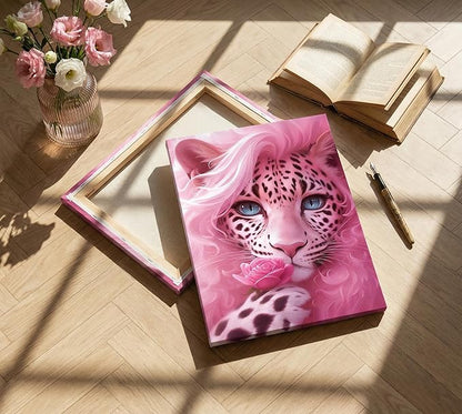 Whimsical Pink Mother Leopard Canvas Wall Art Fashionable and Beautiful Female Leopard Holding Roses Wall Decor Picture Attractive Blue Eyes Postre Print for Girls Room Preppy Dorm Artwork Decoration