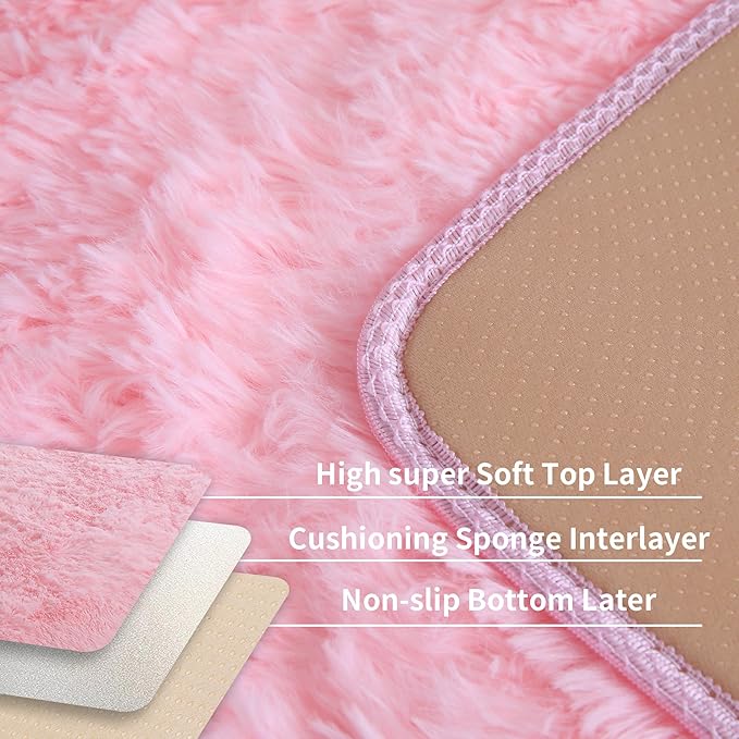 KICHOWUA Area Rug 5x7 Pink Fluffy Shag – Ultra Soft Plush Fuzzy Washable Thickened Non-Slip Fuzzy Carpet for Girls Bedroom Living Room, Modern Furry Shaggy Rug for Kids Nursery Boys Dorm Room