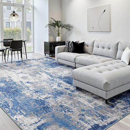 RELEANY Washable Area Rugs Square 10ft Non-Slip Modern Abstract Soft for Living Room Entryway Bedroom Nursery, Print Pattern, Blue Grey Navy Gray