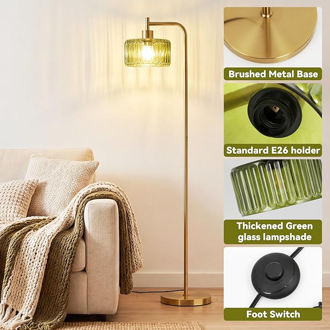 Floor Lamp for Living Room,Gold Floor Lamp with Green Glass Shade,Modern Standing Lamps with 3000K Warm Light Bulb,Vintage Tall Light for Bedroom Office Reading Room Corner.